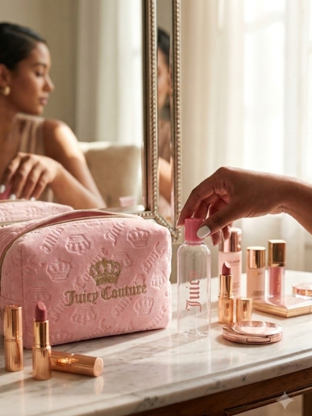 Juicy Couture Pink Quilted Plush Cosmetic Pouch with Gold Logo